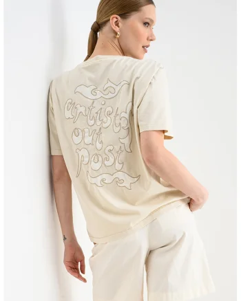 Tricou de bumbac cu imprimeu text, Bej deschis