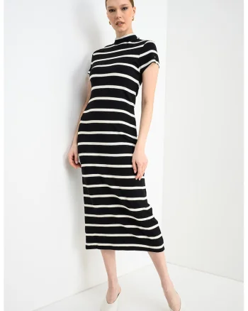Rochie midi cu dungi, Alb/Negru