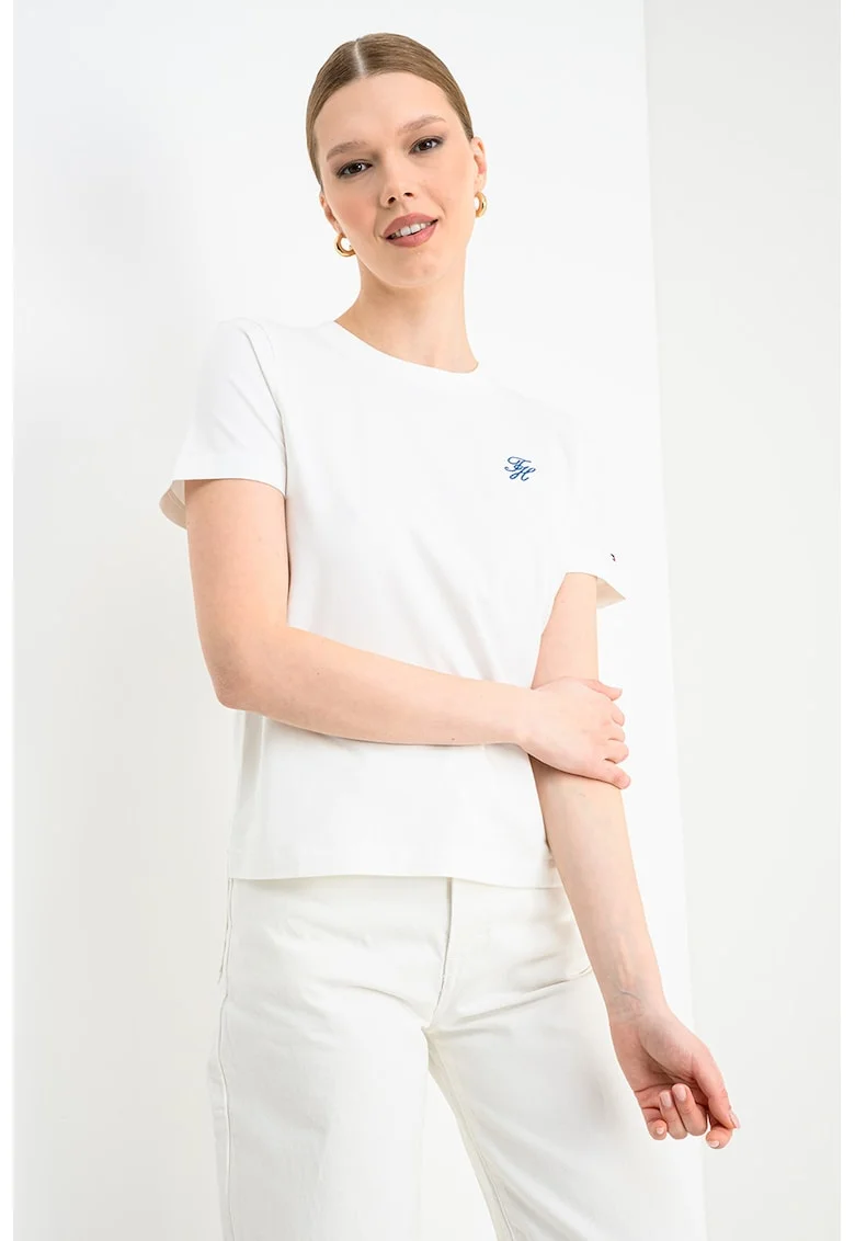 Tricou din amestec de bumbac cu decolteu la baza gatului, Alb