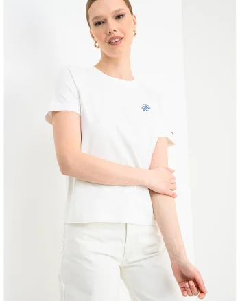 Tricou din amestec de bumbac cu decolteu la baza gatului, Alb