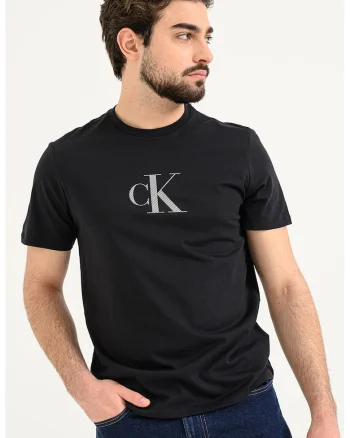 Tricou cu decolteu la baza gatului si model monograma, Negru