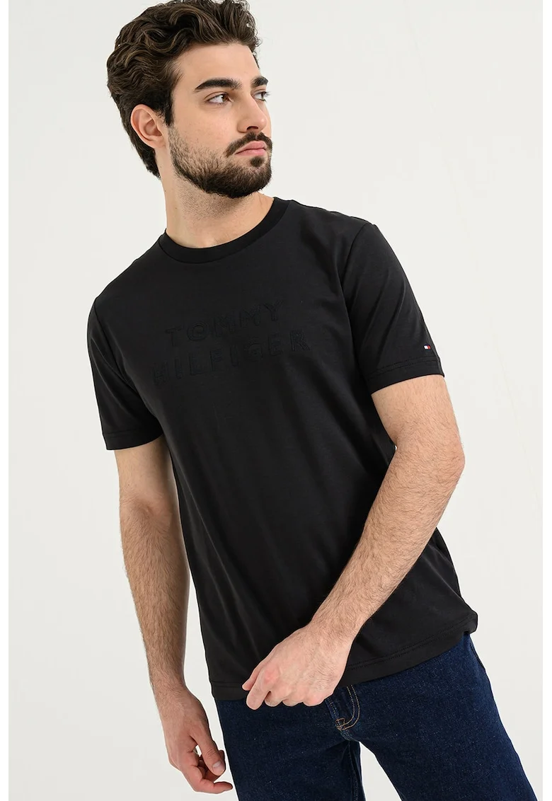 Tricou din bumbac cu decolteu la baza gatului, Negru