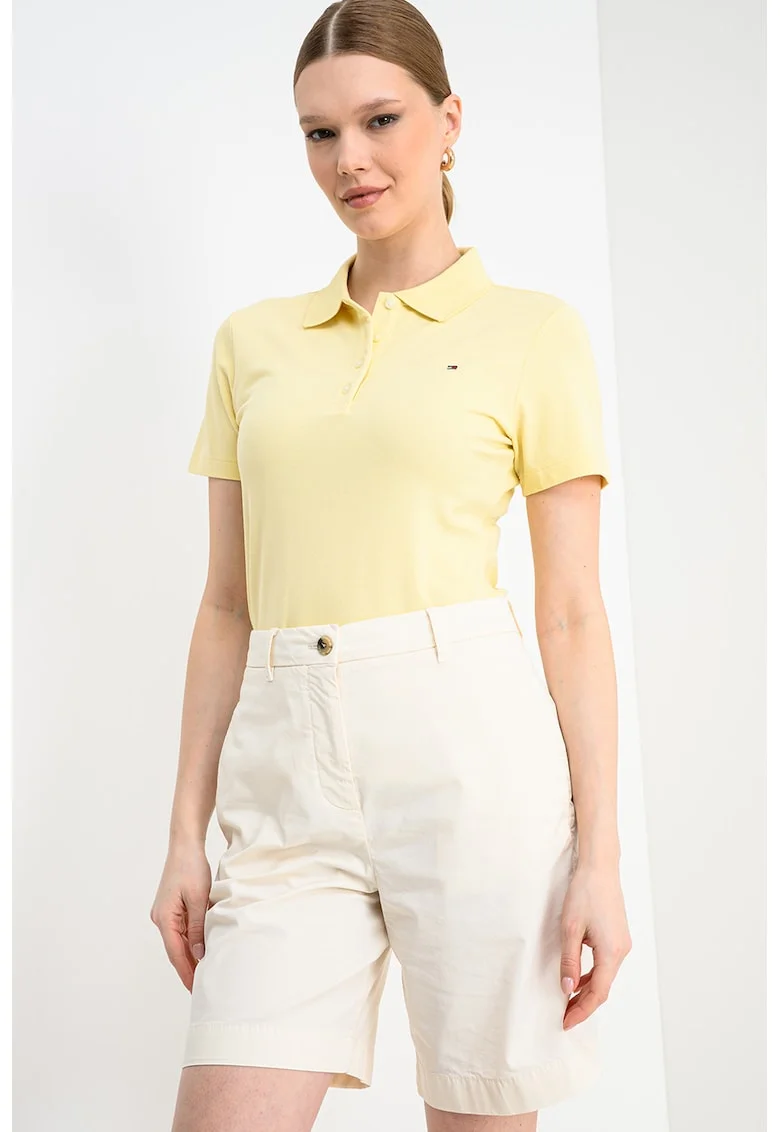 Tricou polo cu croiala slim-fit si logo, Galben deschis