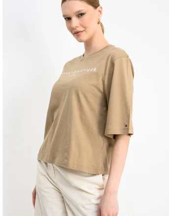 Tricou lejer cu imprimeu logo si maneci medii, Bej