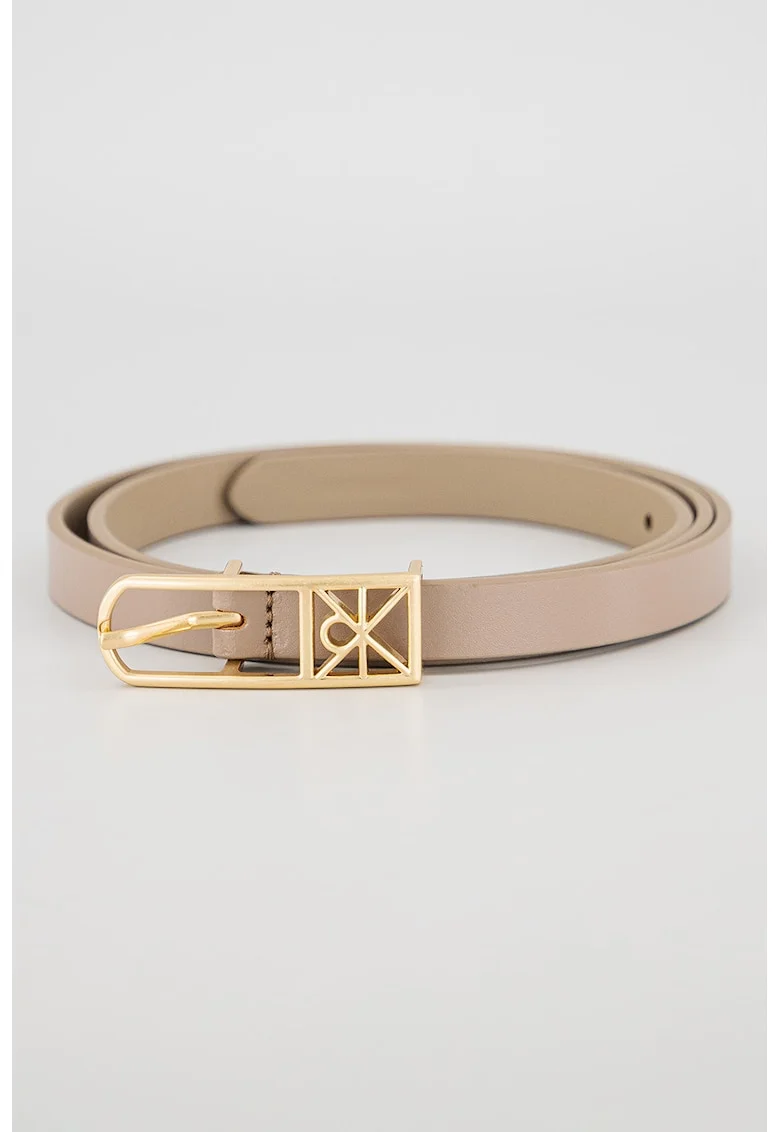 Curea skinny din piele cu catarama logo metalica, Maro taupe inchis