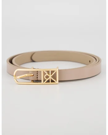 Curea skinny din piele cu catarama logo metalica, Maro taupe inchis