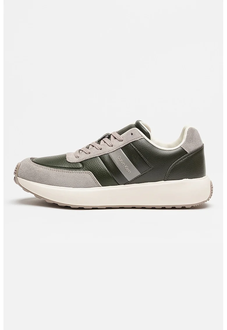 Pantofi sport din piele intoarsa si piele ecologica, Gri/Verde padure