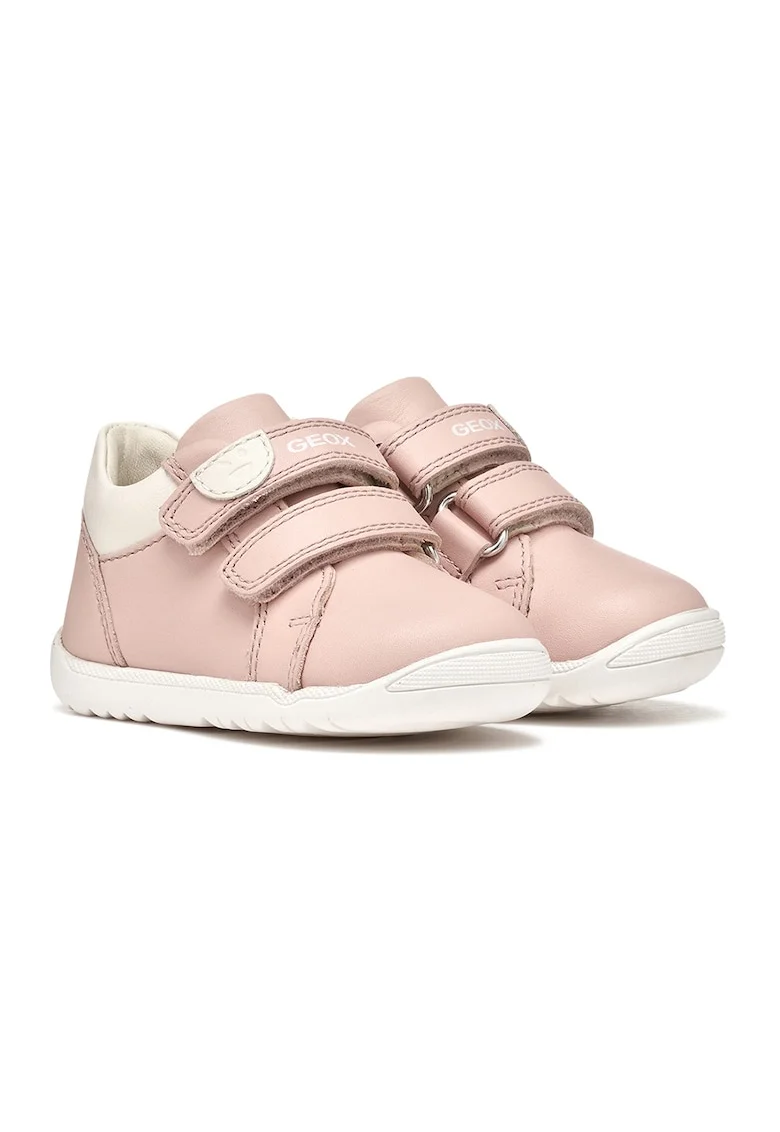 Pantofi sport Macchia de piele cu velcro, Alb fildes/Roz prafuit deschis