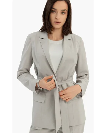 Sacou dama fara indichere, cu curea in talie, regular fit, buzunare cu clapa,  JB-Brunta, gri deschis, Gri deschis
