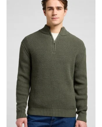Pulover barbati,  CLEAN HALF ZIP, fermoar, verde, bumbac