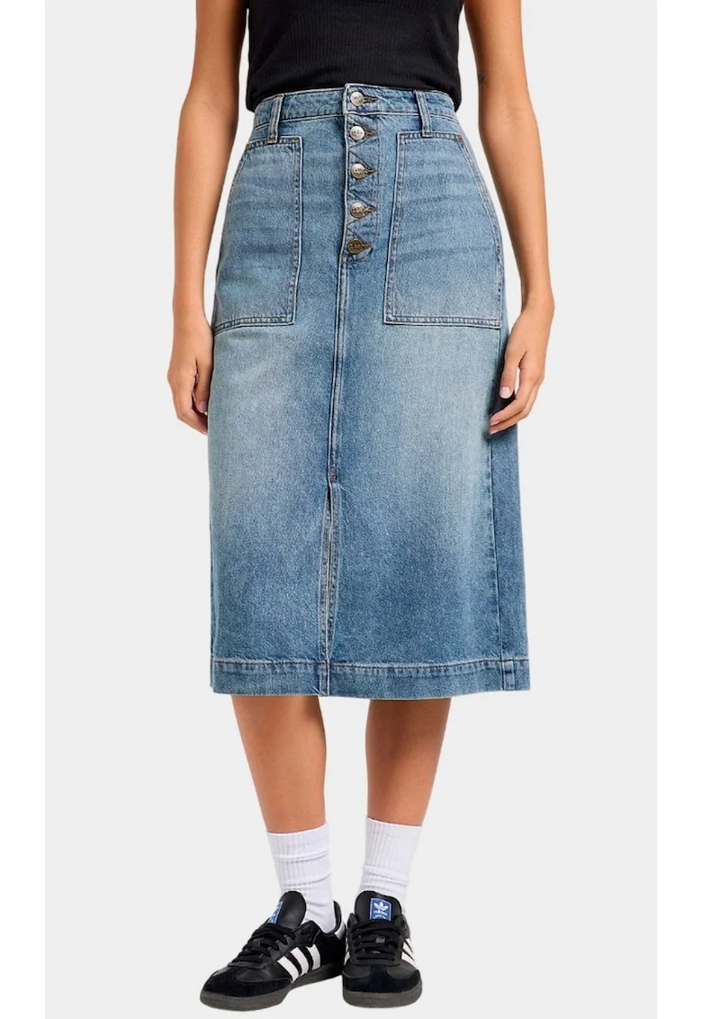 Fusta din denim  Patch Pocket Midi Skirt, albastru, fara stretch, croiala dreapta, cu despicatura