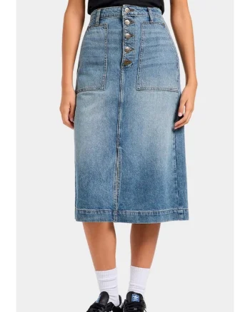 Fusta din denim  Patch Pocket Midi Skirt, albastru, fara stretch, croiala dreapta, cu despicatura