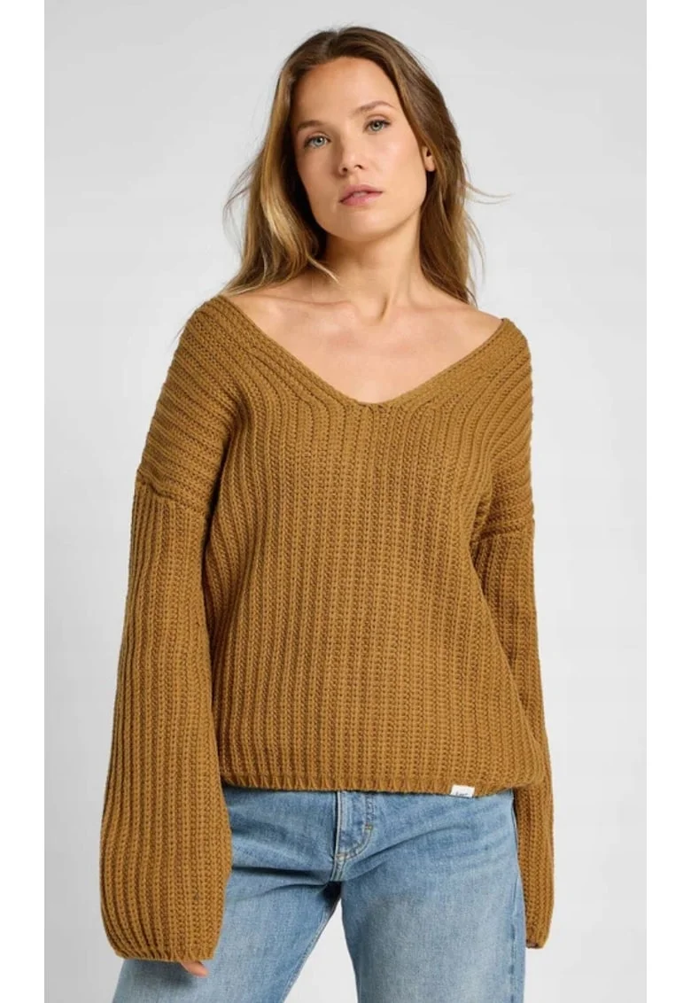 Pulover dama  Kimono Sleeve Knit, bumbac, nuanta calda de maro - ocru, maneci lungi, croiala lejera