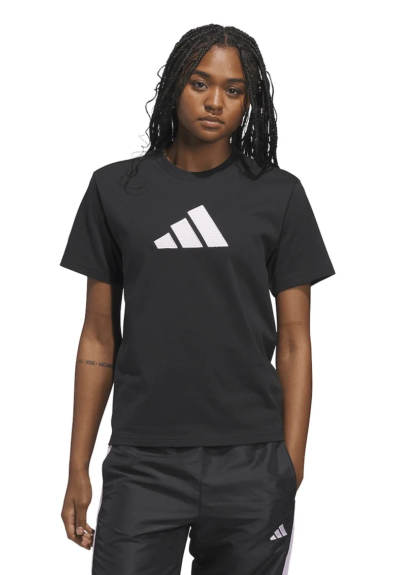 Tricou din bumbac cu decolteu la baza gatului si imprimeu logo Gingham, Negru