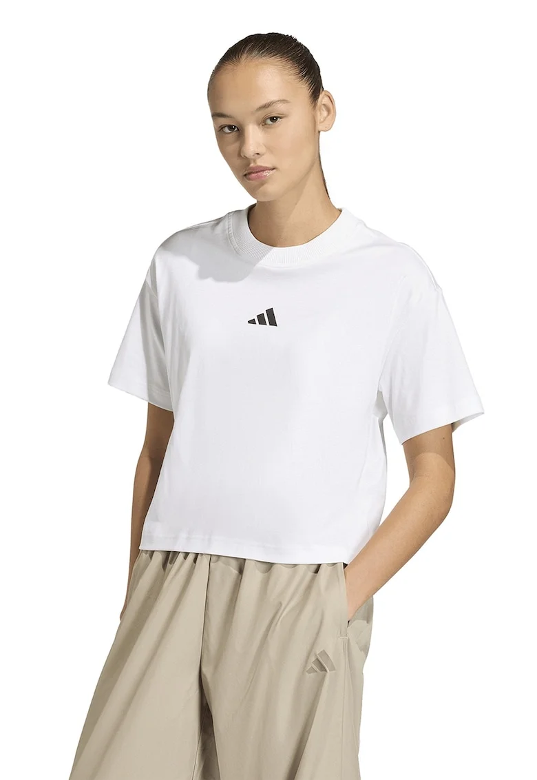 Tricou lejer din bumbac cu logo discret, Negru stins/Alb optic