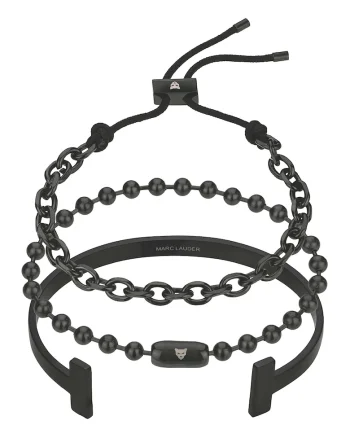 Set de bratari din otel inoxidabil cu insertii din piele - 3 piese, Negru
