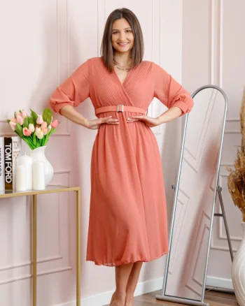 Rochie roz somon cu bust petrecut si curea in talie