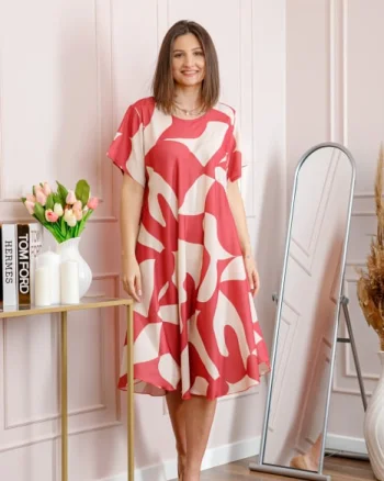 Rochie dama rosie plus size cu imprimeu abstract si croi lejer Jany