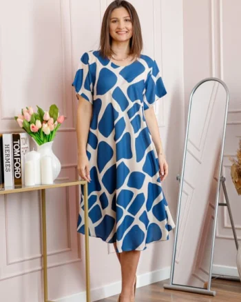 Rochie dama albastra plus size cu imprimeu abstract si croi lejer Jany