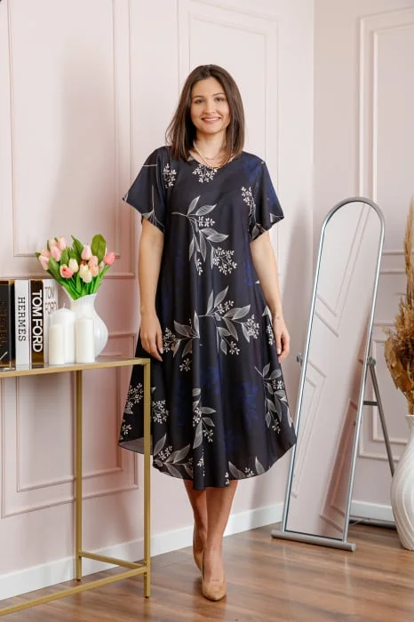 Rochie dama bleumarin plus size cu imprimeu floral si croi lejer Jany