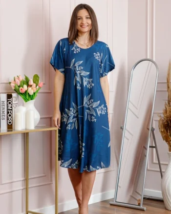 Rochie dama albastra plus size cu imprimeu floral si croi lejer Jany