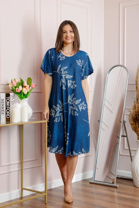 Rochie dama albastra plus size cu imprimeu floral si croi lejer Jany