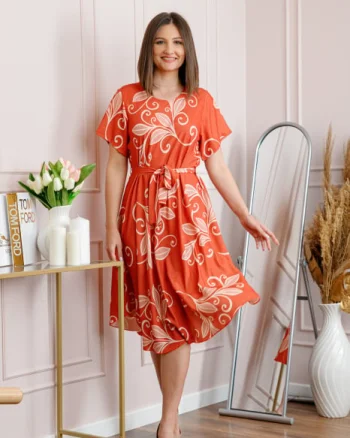 Rochie dama orange Avery cu imprimeu floral si cordon in talie