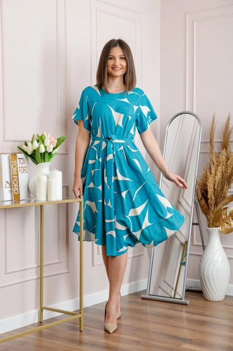 Rochie dama turcoaz Avery cu imprimeu floral si cordon in talie