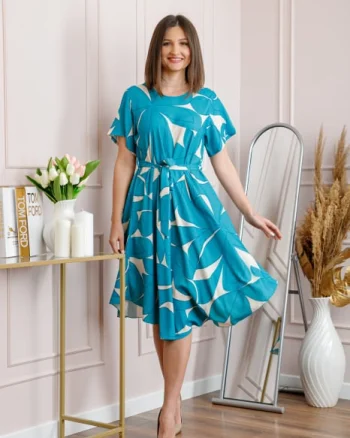 Rochie dama turcoaz Avery cu imprimeu floral si cordon in talie