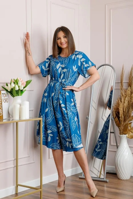 Rochie dama albastra Avery cu imprimeu floral si cordon in talie