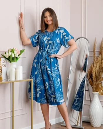 Rochie dama albastra Avery cu imprimeu floral si cordon in talie