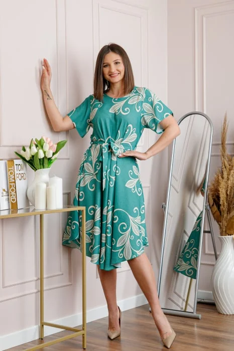 Rochie dama verde mint Avery cu imprimeu floral si cordon in talie