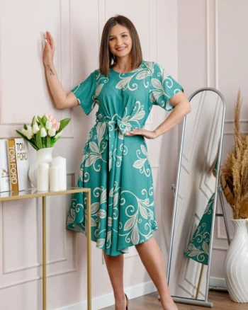 Rochie dama verde mint Avery cu imprimeu floral si cordon in talie