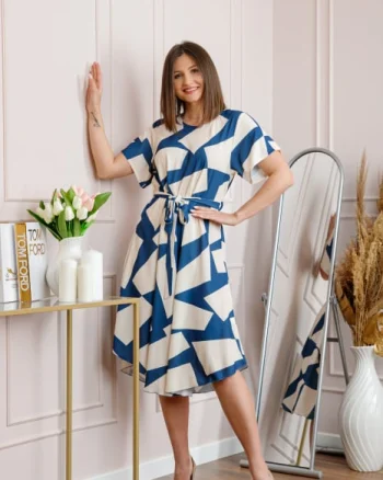 Rochie dama albastra Avery cu imprimeu abstract si cordon in talie