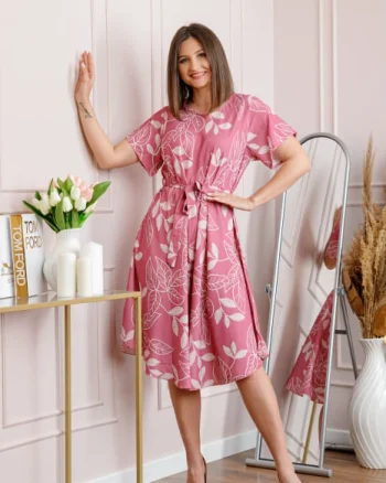 Rochie dama roz Avery cu imprimeu floral si cordon in talie