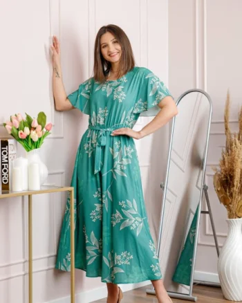 Rochie dama turcoaz Artemis cu imprimeu floral si cordon in talie