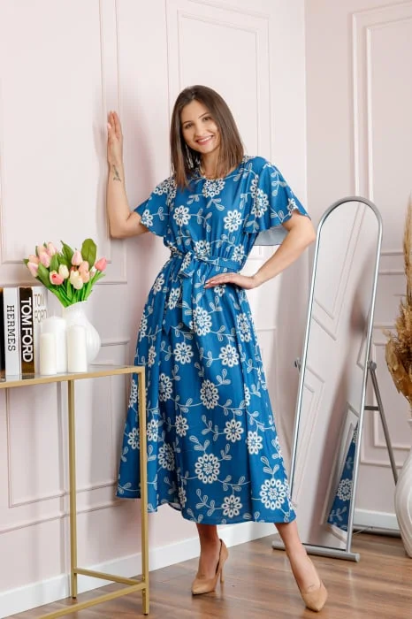 Rochie dama albastra Artemis cu imprimeu floral si cordon in talie
