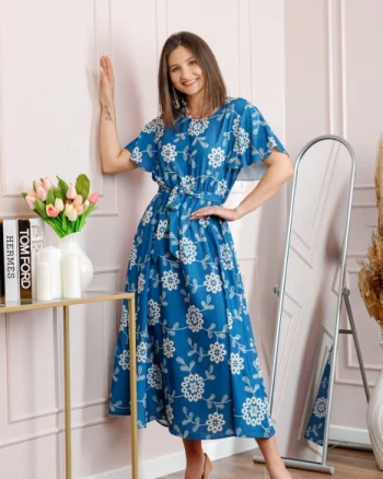 Rochie dama albastra Artemis cu imprimeu floral si cordon in talie
