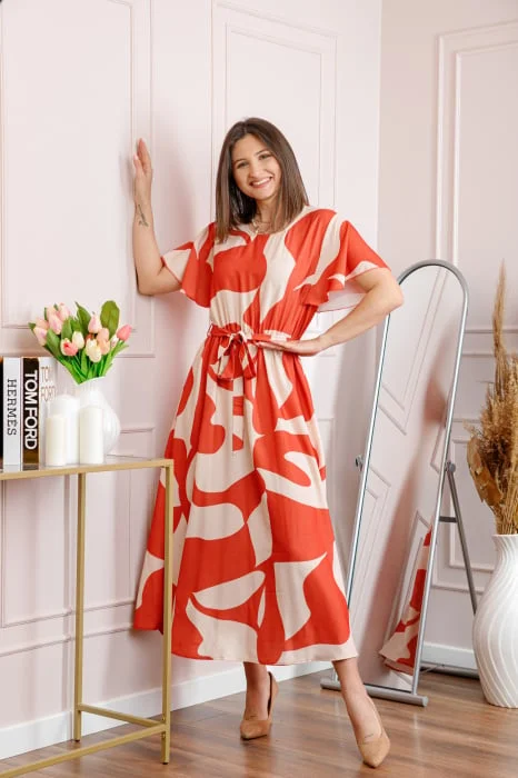 Rochie dama orange Artemis cu imprimeu abstract si cordon in talie