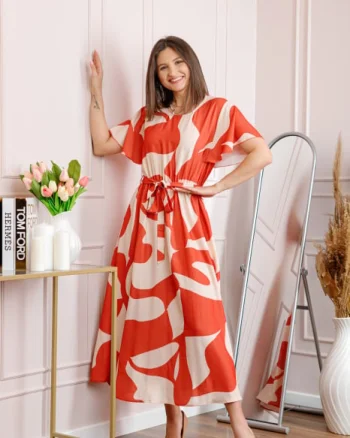 Rochie dama orange Artemis cu imprimeu abstract si cordon in talie