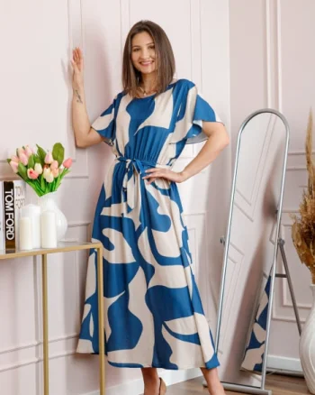 Rochie dama albastra Artemis cu imprimeu abstract si cordon in talie