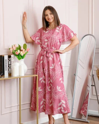 Rochie dama roz Artemis cu imprimeu floral si cordon in talie