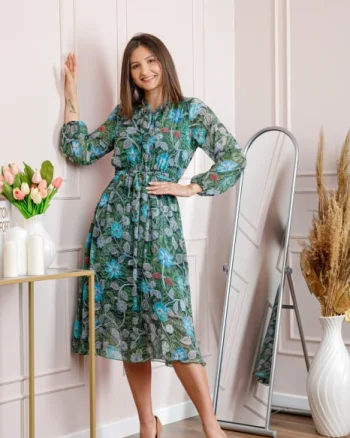 Rochie dama verde Alessandra din voal cu imprimeu floral si cordon in talie