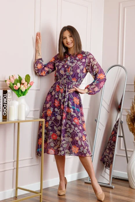 Rochie dama mov Alessandra din voal cu imprimeu floral si cordon in talie