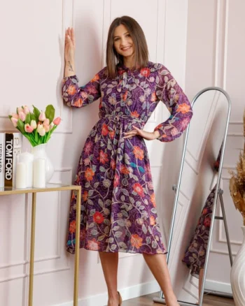 Rochie dama mov Alessandra din voal cu imprimeu floral si cordon in talie