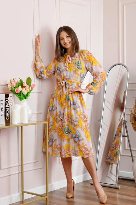 Rochie dama galbena Alessandra din voal cu imprimeu floral si cordon in talie