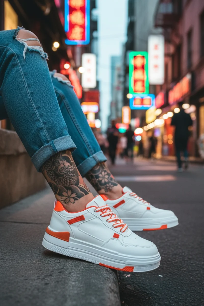 Adidasi dama albi cu portocaliu casual  8002 T15-1