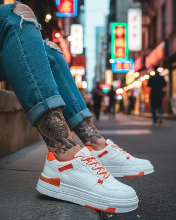 Adidasi dama albi cu portocaliu casual  8002 T15-1