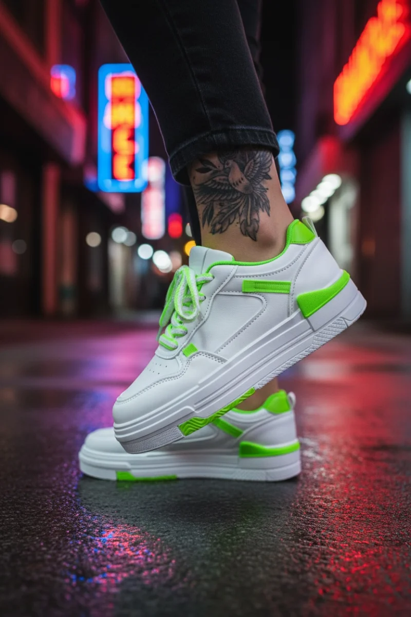 Adidasi dama albi cu verde casual  8002 T15-1