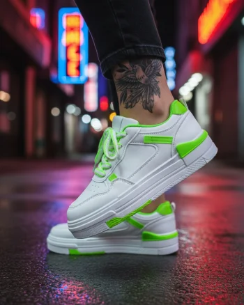 Adidasi dama albi cu verde casual  8002 T15-1